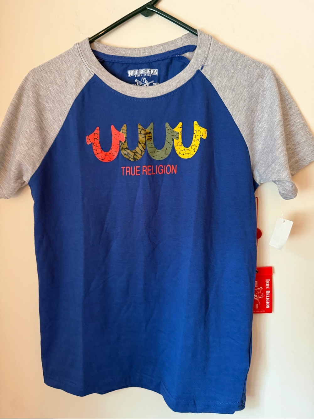 True Religion Boys XL Raglan Logo Tee Blue Gray Graphic T Shirt NWT